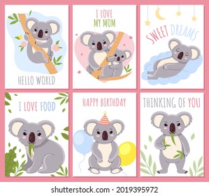 Cute koalas. Australian nature cute fluffy little bears, kids animals, banners with cartoon character and greeting text. Eucalyptus trees with mammals. Adorable mascot vector isolated cards