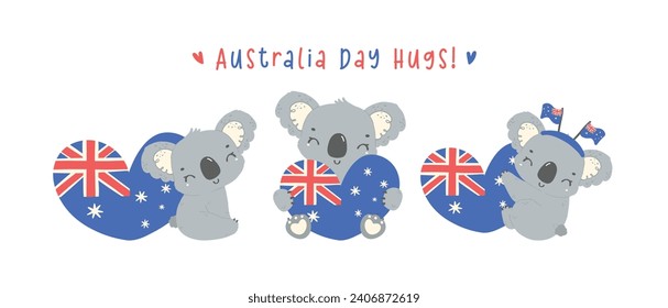 süße Koalas Cartoon Baby Tier mit Heart Fahne handgezeichnet Aussie Charm, perfekt für Australien Tag Festlichkeiten Nation Day.