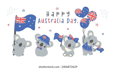 süße Koalas Cartoon Baby Tier mit fahnen Aussie Charme Banner, perfekt für Australien Tag Festlichkeiten Nation Day.