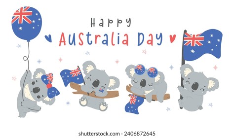 cute koalas cartoon baby animal with flag hand drawn Aussie charm banner, perfect for Australia Day festivities Nation Day.