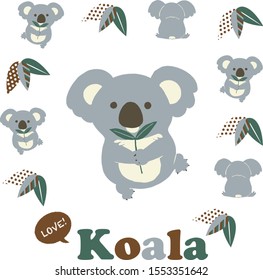 Los koalas cortos en diferentes poses sobre fondo blanco