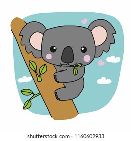 Cute koalas eating leaf cartoon vector illustration doodle style