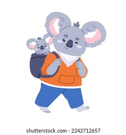 Cute koalas family. Happy bear parent carrying little baby animal in bag. Funny adorable kawaii childish characters walking, going. Childrens flat vector illustration isolated on white background