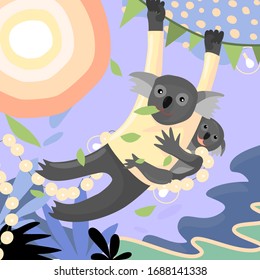 Cute koalas family at summertime vector illustration. Card for father day. Animals celebrating at the jungle.  Father and child concept. Abstract art composition. Cartoon charachters climbing tree.