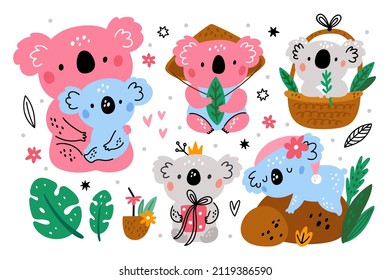 Cute koalas. Fluffy color bears. Funny furry animals sleep or eat eucalyptus leaves. Creatures relax in different poses. Mom and kid. Australian wildlife. Vector comic