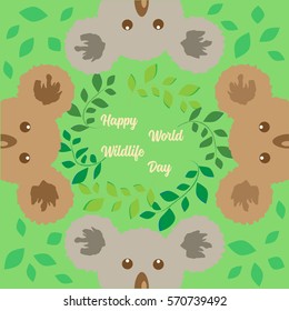 Cute koalas holding message board on abstract green floral background. Can be used as greeting card or banner template. Vector illustration.