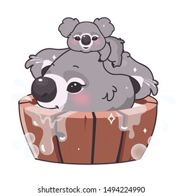 Cute koalas kawaii cartoon vector character. Adorable and funny smiling animal child and mom bathing in wooden bowl isolated sticker, patch. Anime baby koala emoji on white background