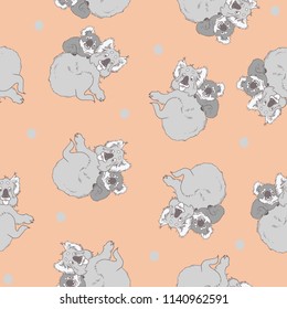 Cute koalas pattern. Vector pattern isolated on background. Mother koala and her cub. Gray cartoon koalas.
