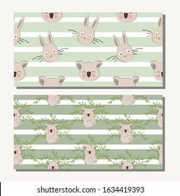 Cute koalas and rabbits, set of striped seamless textures with animals. For printing on children's textiles.