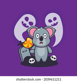 cute koalas scared of ghosts cartoon illustration.cute halloween cartoon vector illustration. Vector isolated flat illustration for poster, brochure, web, mascot, sticker, logo and icon.