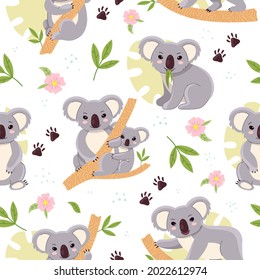 Cute koalas. Seamless background with kids mini bears, tropical leaves, baby nursery design, fluffy animals, australian fauna. Decor textile, wrapping paper wallpaper. Vector pattern