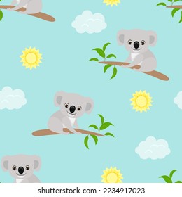 Un lindo patrón de koalas impecable. Bebés de fondo con gracioso oso koala en la rama del árbol, sol y nube en azul. Ilustración plana de dibujos animados.