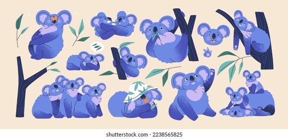 Cute koalas Set. Fröhliche australische Faulpelbären. Schöne, hübsche kleine Tiere, die auf dem Ast schlafen, auf dem Baum hängen, Blatt essen, entspannen. Isolierte kindisch-flache Vektorgrafiken