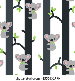 Cute koalas in trees seamless pattern on white background. Great for wallpaper, web background, wrapping paper, fabric, packaging, greeting cards, invitations and more.