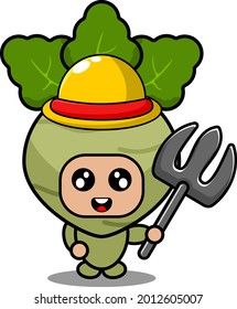 cute kohlrabi mascot vegetable cartoon character vector farmer and holding fork