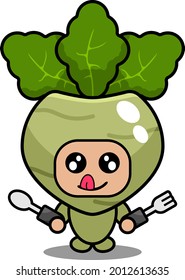 cute kohlrabi mascot vegetable cartoon character vector wants to eat holding spoon and fork