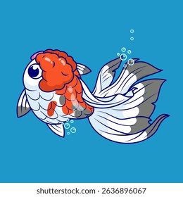 Cute Koi Fish Lionhead Swimming Cartoon Vector Icon Illustration. Animal Nature Icon Concept Isolated Premium Vector. Flat Cartoon Style