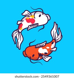 Ilustración linda del icono del Vector de la historieta de la natación de los pescados de Koi. 
Icono de Naturaleza Animal Concepto Aislado Premium Vector. Plano 
Estilo de dibujos animados 