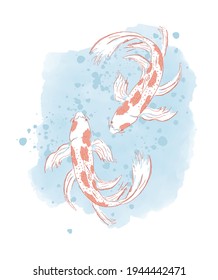 Ilustración del vector de peces de Koi. Dos pescados blancos con manchas rojas aisladas en una mancha de color pastel. Impresión dibujada a mano de estilo japonés ideal para arte de pared, tarjeta, afiche.