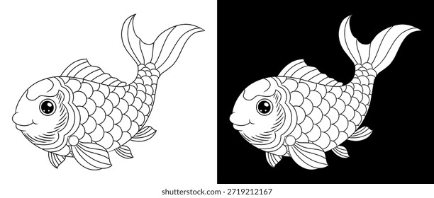 Cute koi fish vector illustration with clean line art and inverted black and white version.