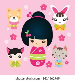 Cute Kokeshi Doll with animal