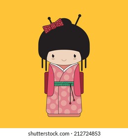 Cute kokeshi doll. Japan girl in kimono, vector illustration