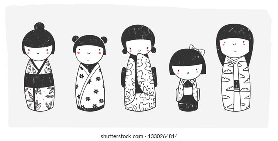 Muñecas Kokeshi. Varios caracteres. juguetes tradicionales japoneses. Ilustración de Kawaii. Conjunto vectorial gráfico dibujado a mano. Textura de sello. Todos los elementos están aislados