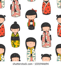 Cute Kokeshi dolls. Various characters. Traditional japanese toys. Kawaii illustration. Hand drawn colored vector seamless pattern. Stamp texture