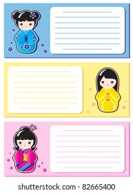 Cute Kokeshi stickers on notes or invitations. Space for your text. EPS10 vector format.