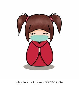 cute kokeshi wearing mask vector illustration