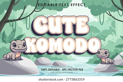 Cute Komodo Dragon Text Effect in a Lush Green Forest with Water and Rocks.