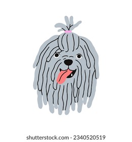 Cute Komondor puppy avatar. Funny canine head of Hungarian sheepdog. Amusing corded mop dog, face portrait. Happy pup muzzle with tongue out. Flat vector illustration isolated on white background