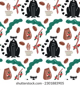 Cute Kopi Luwak with coffee surface pattern. Seamless background vector civet palm cat. Asian animals stylish trendy fabric design paper