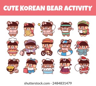 Cute korean bear activity vector illustration set