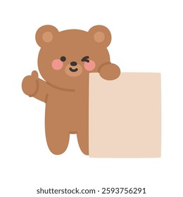Cute Korean Bear Giving a Thumbs-Up While Holding a Blank Sign Vector Illustration