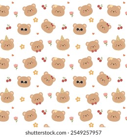 Bonito estilo de urso coreano sem costura padrão mão desenhado Clipart etiqueta
