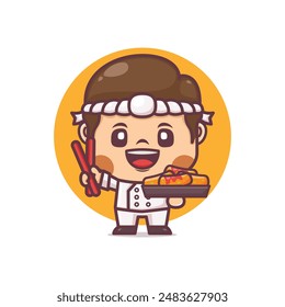 Cute Korean chef cartoon mascot character with tteokbokki. vector illustration in outline style