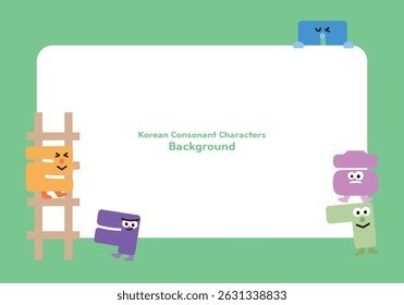 Cute Korean consonant characters climbing a ladder on green background