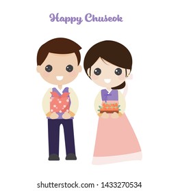 cute korean couple in traditional dress holding gift for Chuseok festival on white background isolated EPS10 vector illustration