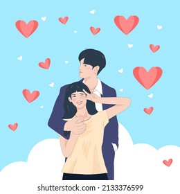 Cute korean couple vector illustration. Asian couple holding hands. Manga anime cartoon style.