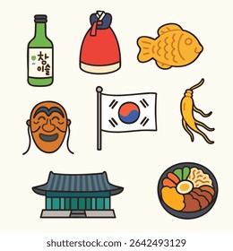 Cute Korean Culture Icons Collection – ginseng, Hanbok, Korean Mask, Soju Illustration