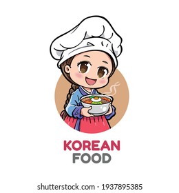 A cute Korean female chef, holding a bowl of food. Can be used as mascot or part of a logo. Drawn in kawaii chibi style.