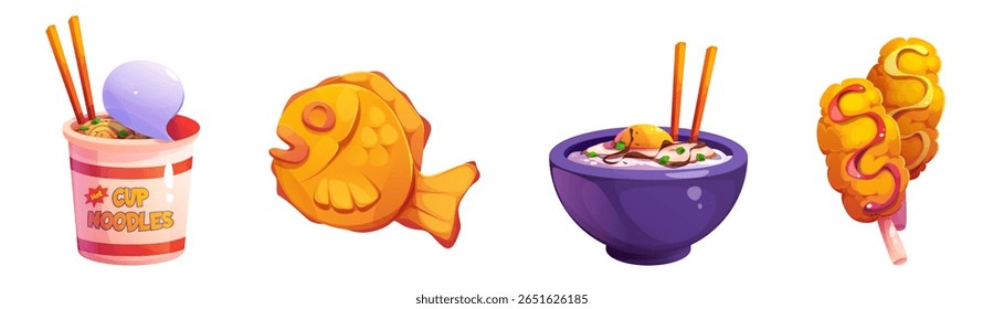 Cute Korean food cartoon icons - instant cup noodles, golden fish shaped taiyaki pastry, bowl of rice with chopsticks and crispy corn dog on stick. Bright snack illustrations for apps or stickers.