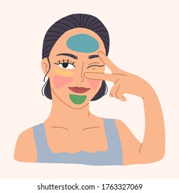 Cute Korean girl with cosmetic face mask.Skin care concept.Vector hand drawn iilustation. Cartoonstyle.Flat design.