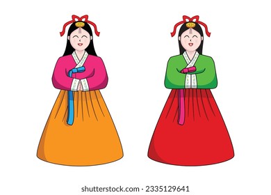 Cute Korean girl lady or teen dress or costume in traditional dress called Hanbok or Korean clothing drawing in cartoon vector