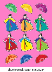 Cute Korean girls in national dress stickers.  EPS10 vector format.