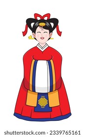 Cute Korean lady or teen costume in red traditional dress ceremonial topcoat Hanbok or Korean clothing called Wonsam drawing in colorful cartoon vector