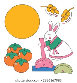 Cute Korean Rabbit Hakjae Set. Chuseok Decor Ornaments. Persimmons, Rice, Mooncake. Traditional Korean Harvest Festival. Autumn Season Illustration. Flat Vector Graphics.