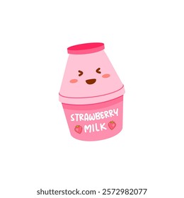 Cute Korean Strawberry Milk Bottle with Face. Cartoon Character Illustration