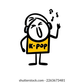 Cute korean teenager listening to k pop music and having fun. Vector illustration of doodle young man in headphones.